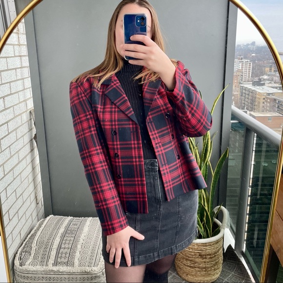 Vintage Jackets & Blazers - Vintage Wool Blend Red Plaid Button Up Blazer